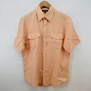 Brandini 100% Linen Shirt Mens SZ M Peach Short Sleeve Button Up Minimalist